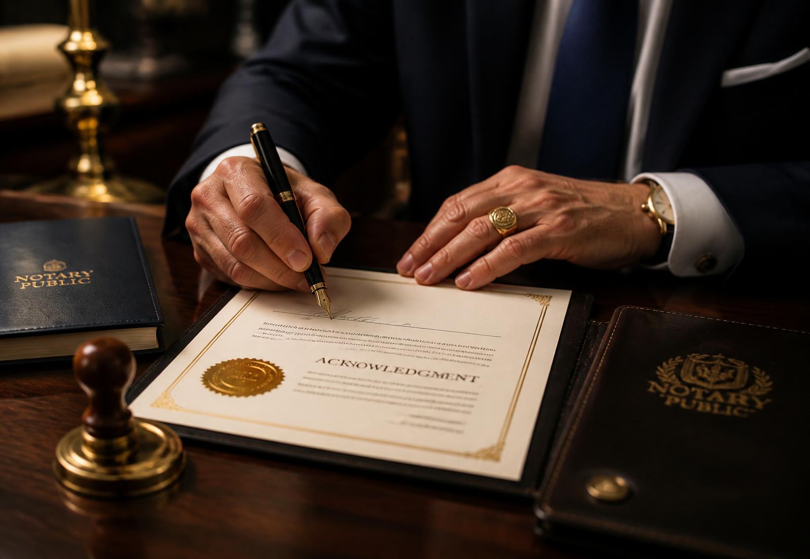 Notary signing and sealing a legal document at a desk